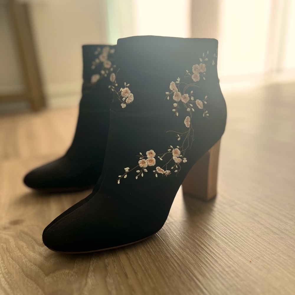Black-Floral embossed booties.  Worn less than 5 times. Great condition.